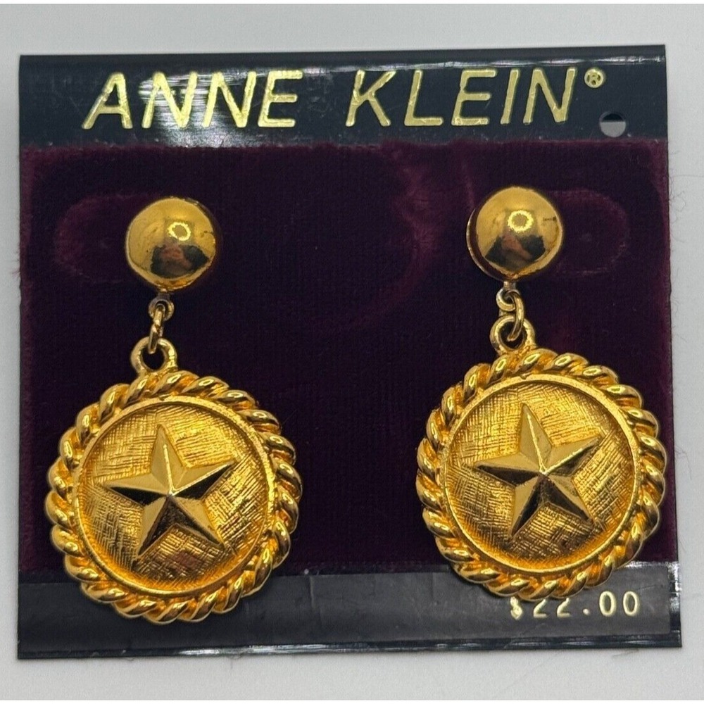 Vintage Anne Klein Gold Tone Star Pierced Dangle Earrings‎ on Original Card
